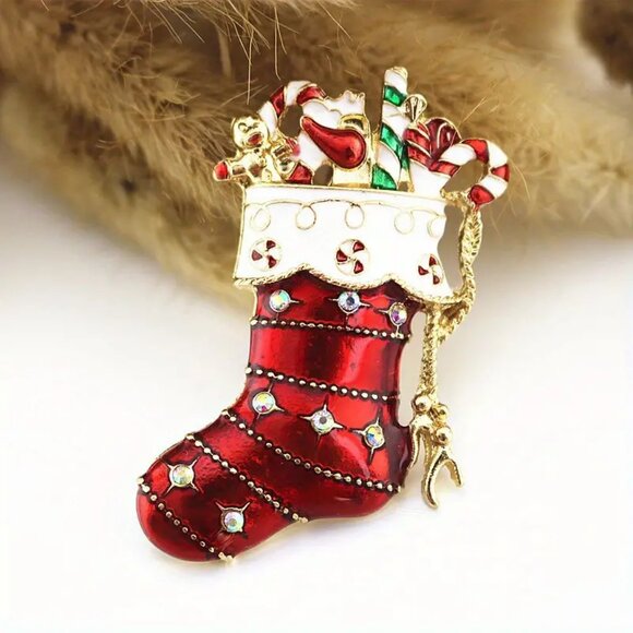 NWOT - Christmas Gift Stocking Brooch Holiday with Combo Display Case - Picture 3 of 6
